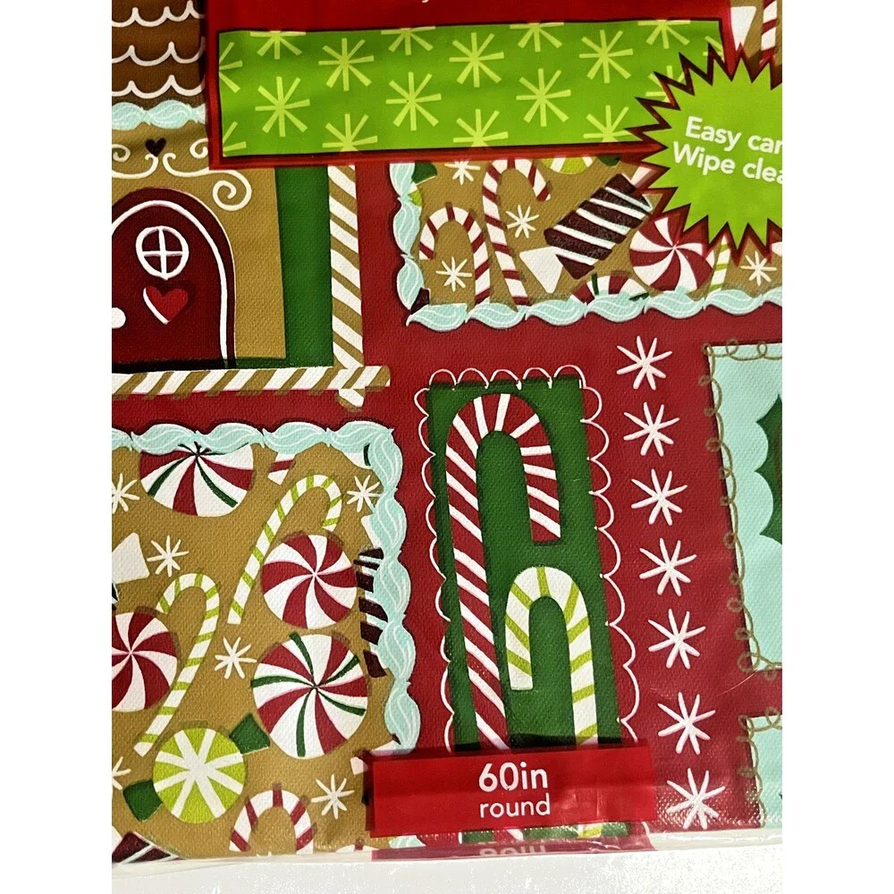 Christmas Holiday Gingerbread House Vinyl Tablecloth Flannel Backed 60
